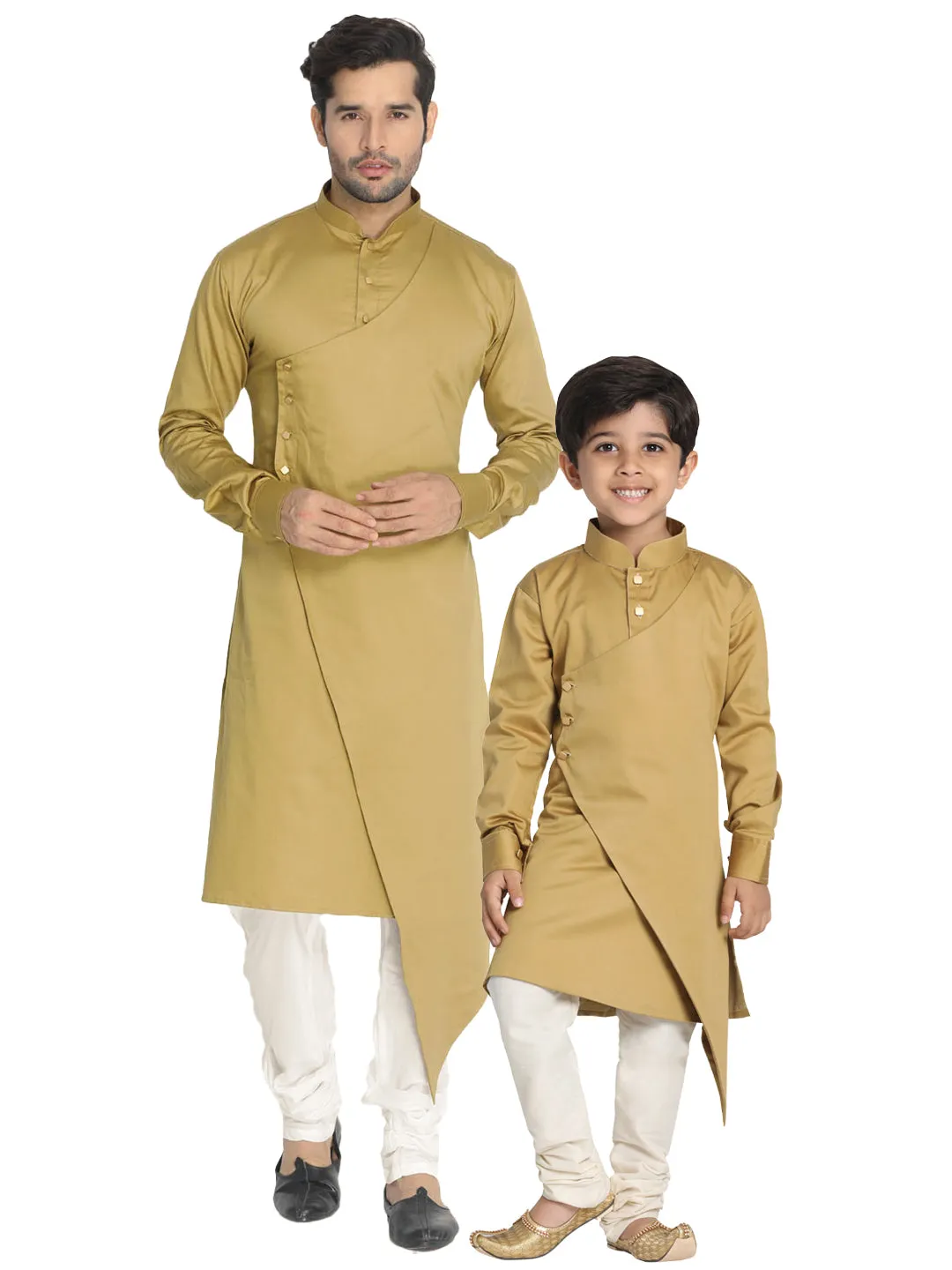 Vastramay Cotton Satin Blend Chiku and Cream Baap Beta Kurta Pyjama Set