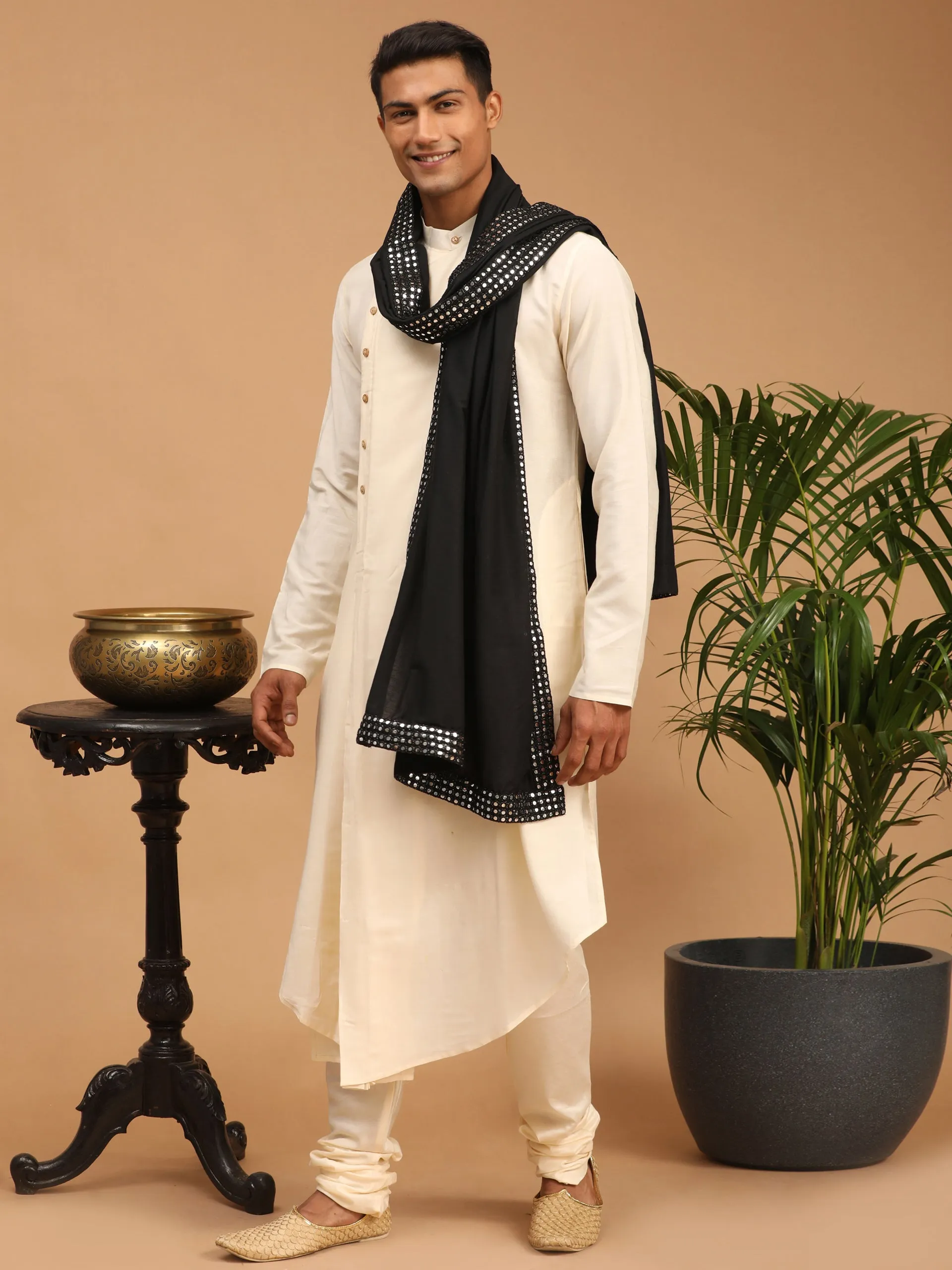 Vastramay Cream Kurta Churidar Set with Black Dupatta