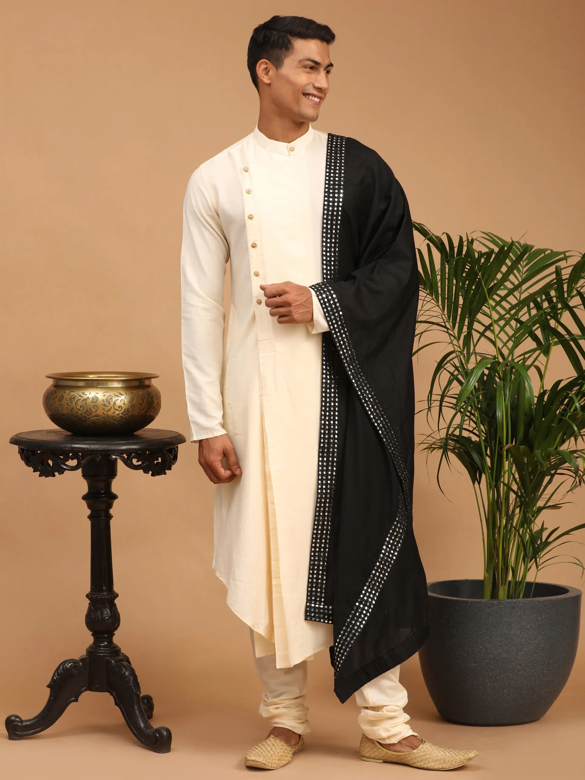 Vastramay Cream Kurta Churidar Set with Black Dupatta