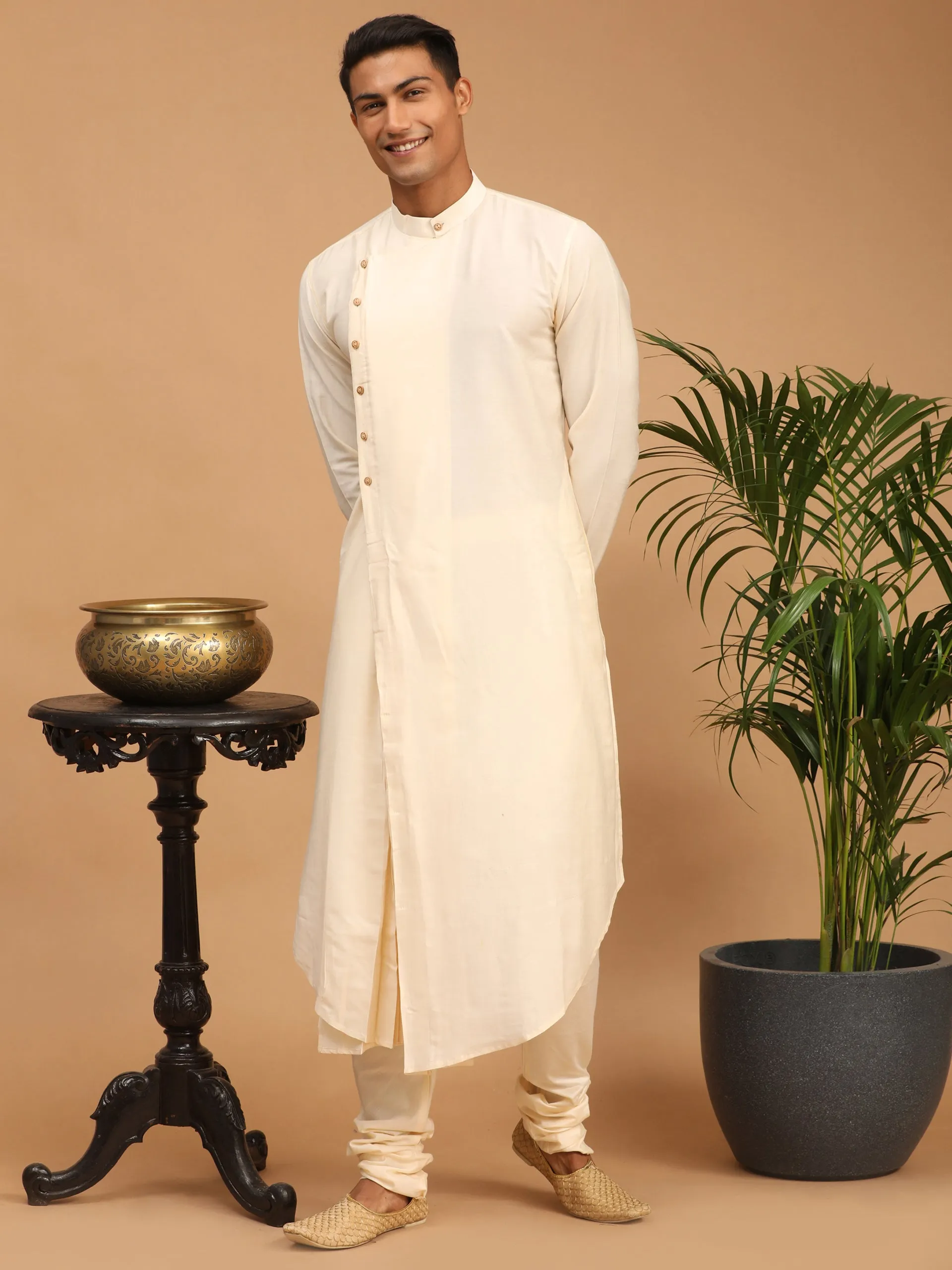 Vastramay Cream Kurta Churidar Set with Black Dupatta