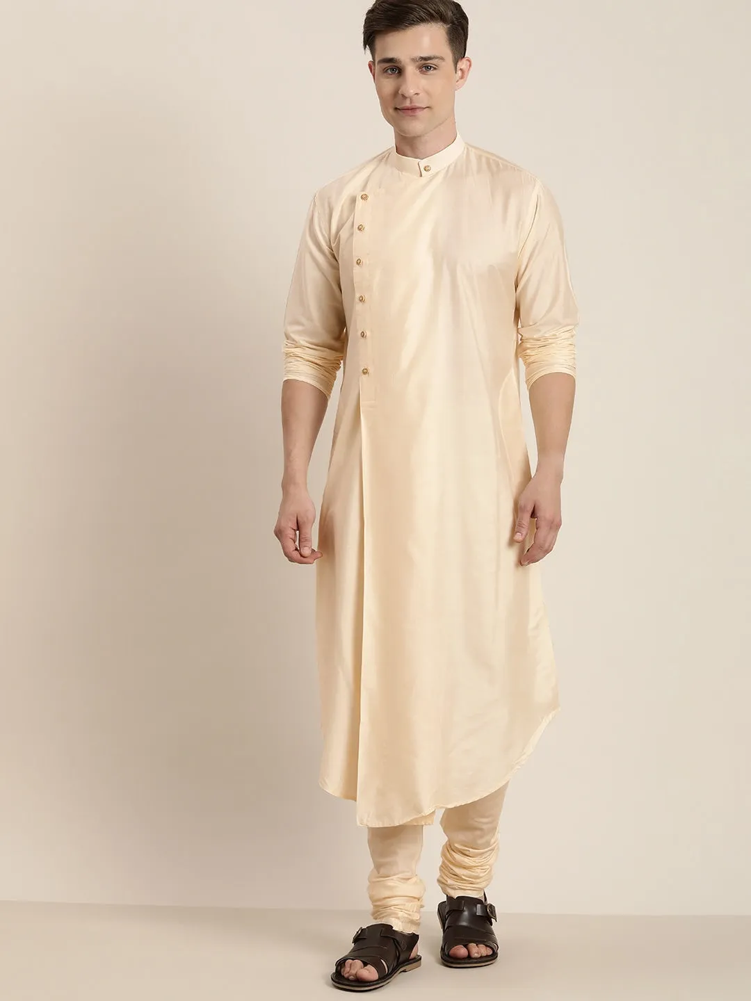 Vastramay Cream Pleated Kurta Churidar Set