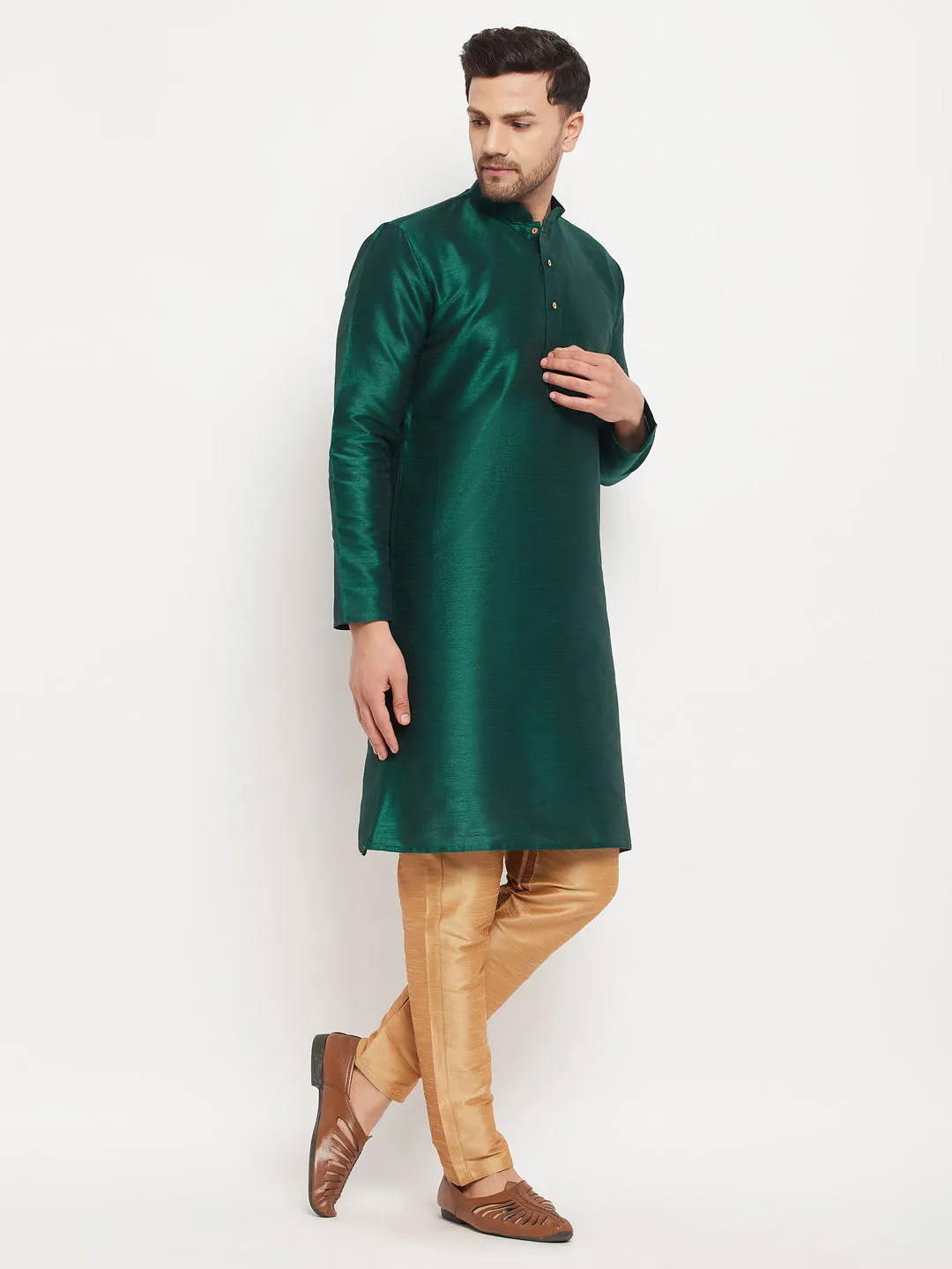 VASTRAMAY Green Cotton Silk Kurta Set