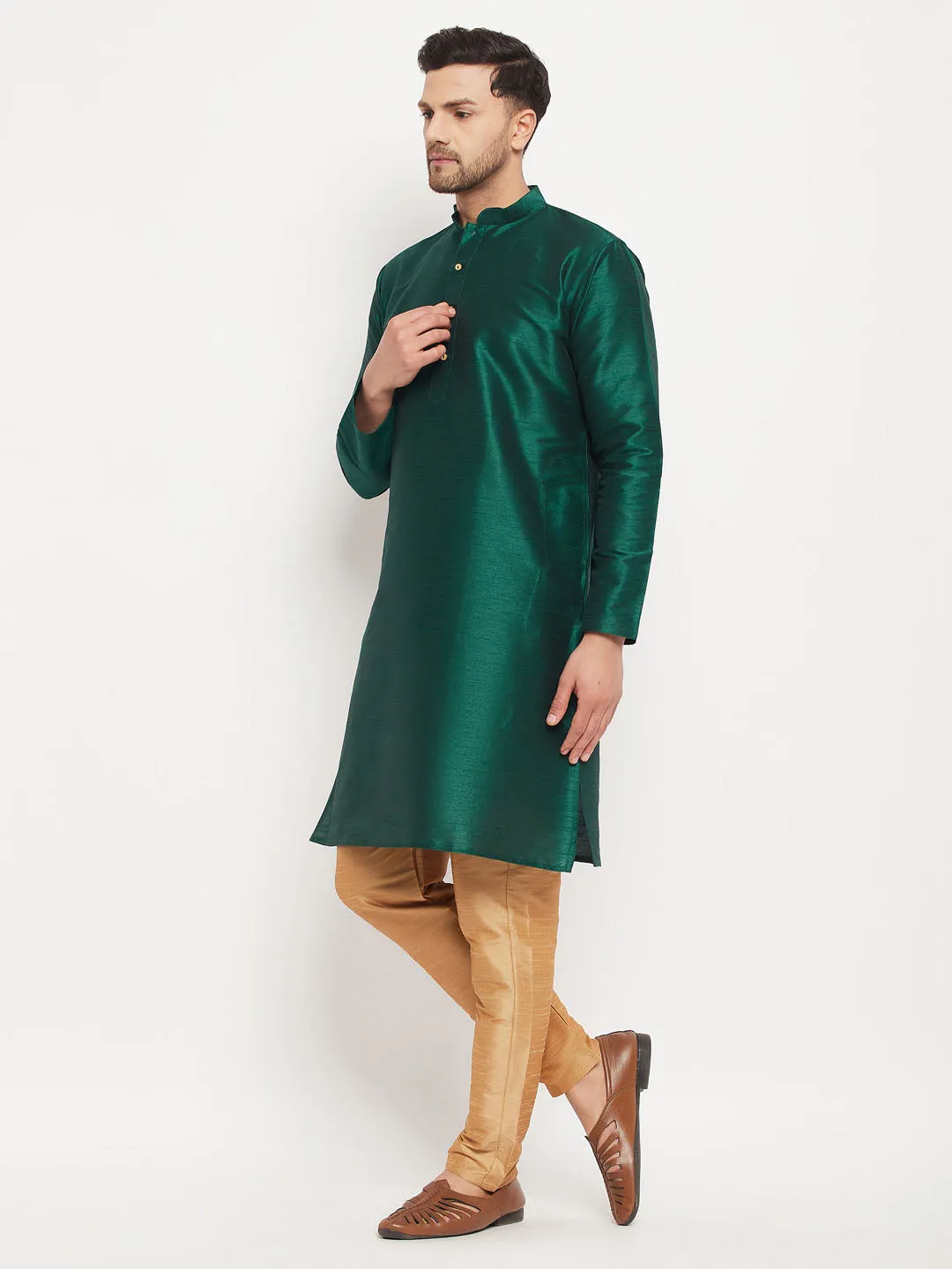 VASTRAMAY Green Cotton Silk Kurta Set