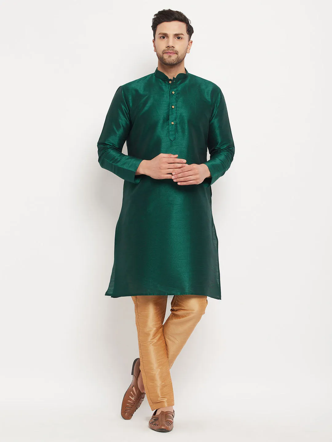 VASTRAMAY Green Cotton Silk Kurta Set