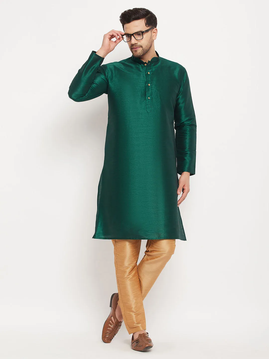 VASTRAMAY Green Cotton Silk Kurta Set