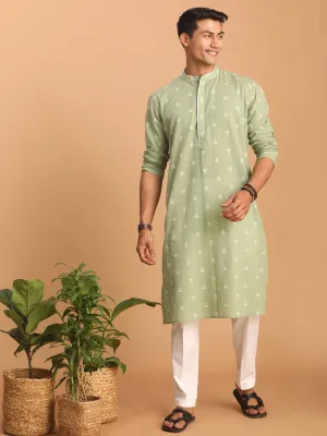 VASTRAMAY Green Geometric Kurta with White Pant