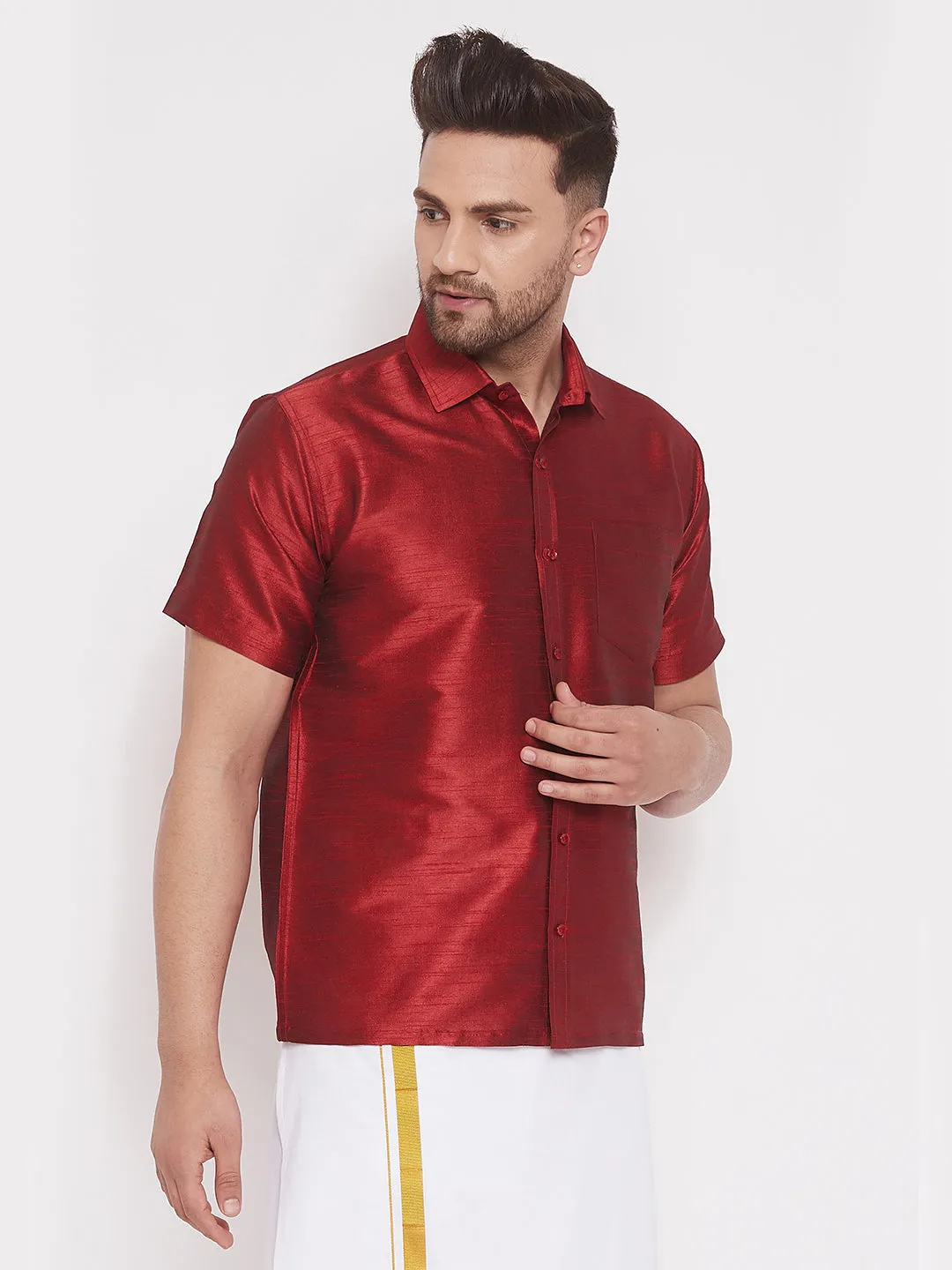 VASTRAMAY Maroon Silk Blend Ethnic Shirt