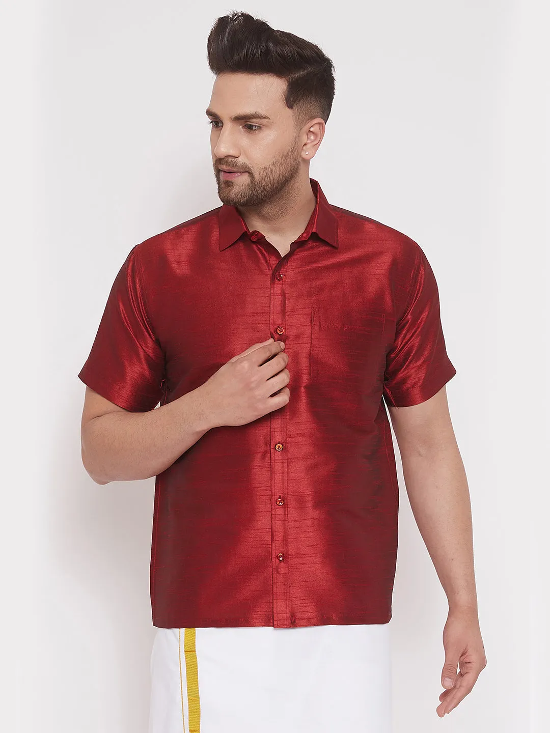 VASTRAMAY Maroon Silk Blend Ethnic Shirt