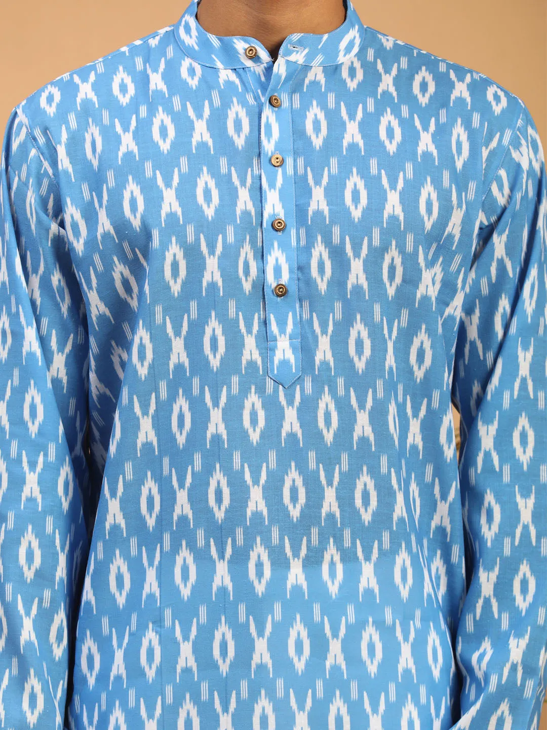 VASTRAMAY Men's Aqua Blue Ikkat Print Cotton Kurta