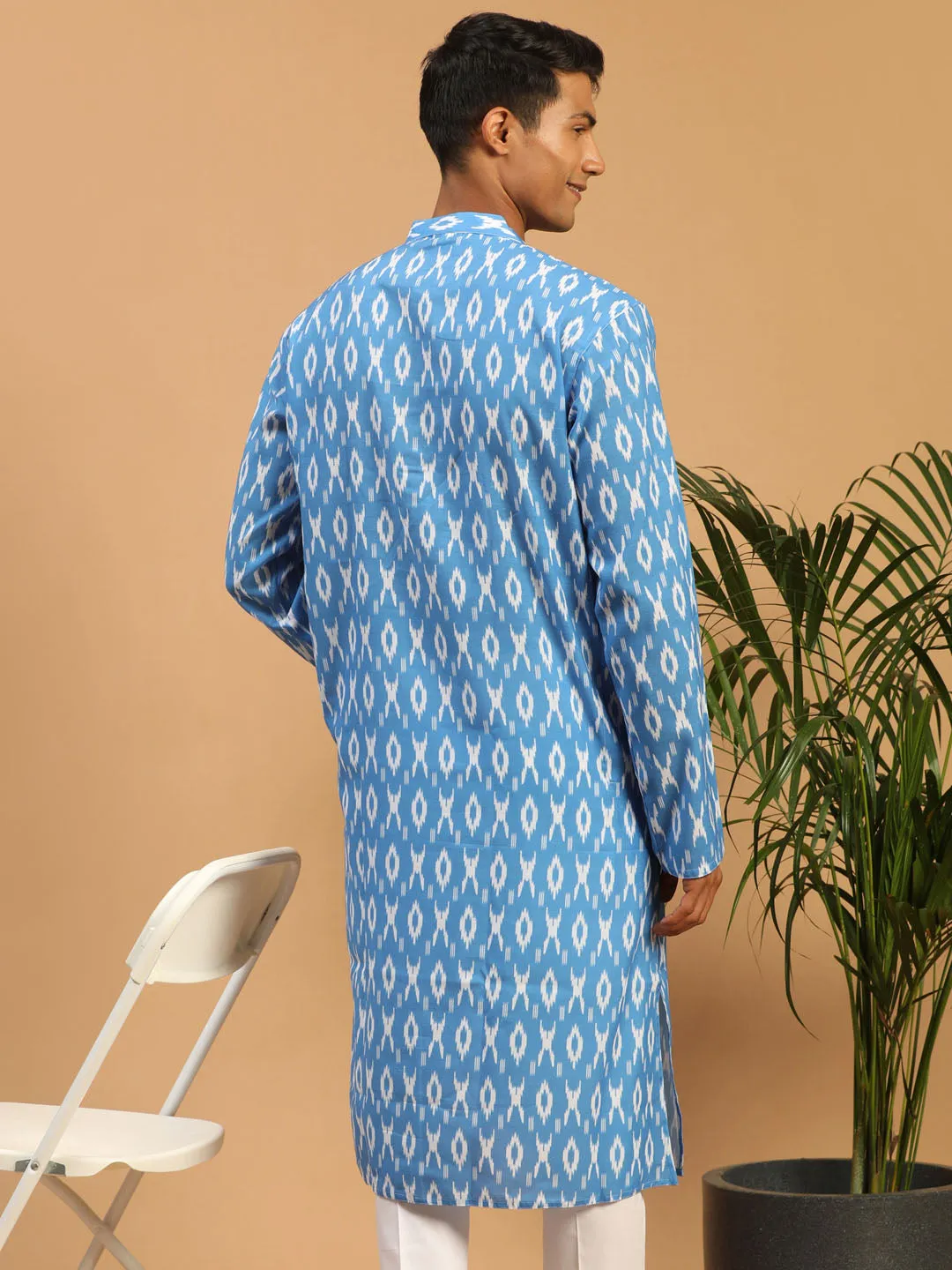 VASTRAMAY Men's Aqua Blue Ikkat Print Cotton Kurta