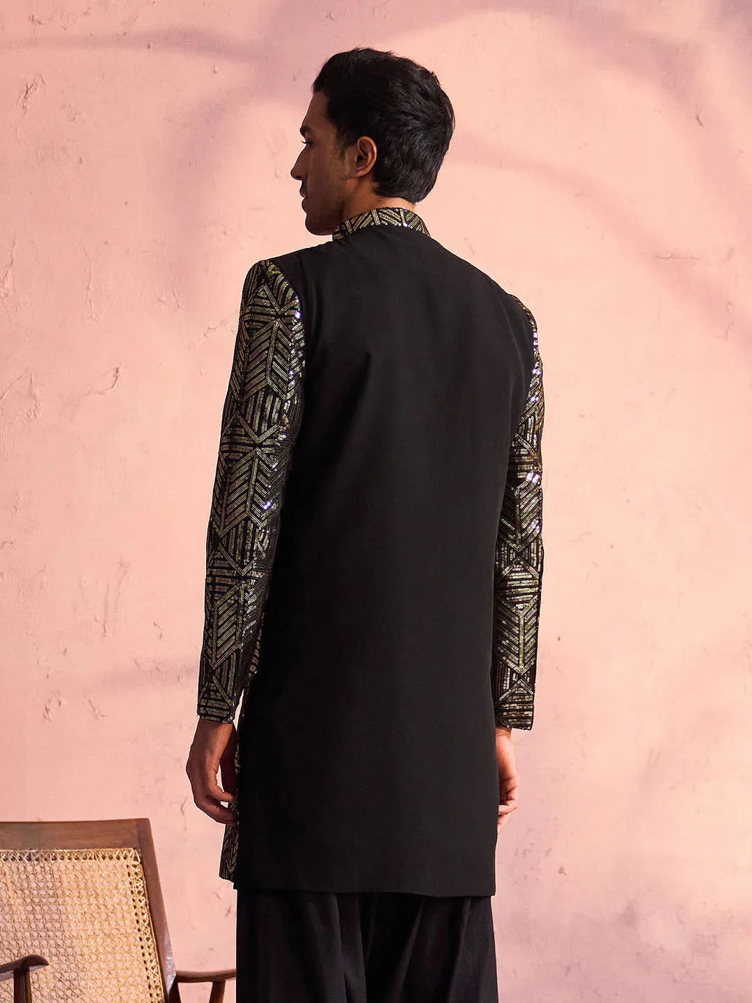 Vastramay Men's Black Georgette Sherwani Only Top