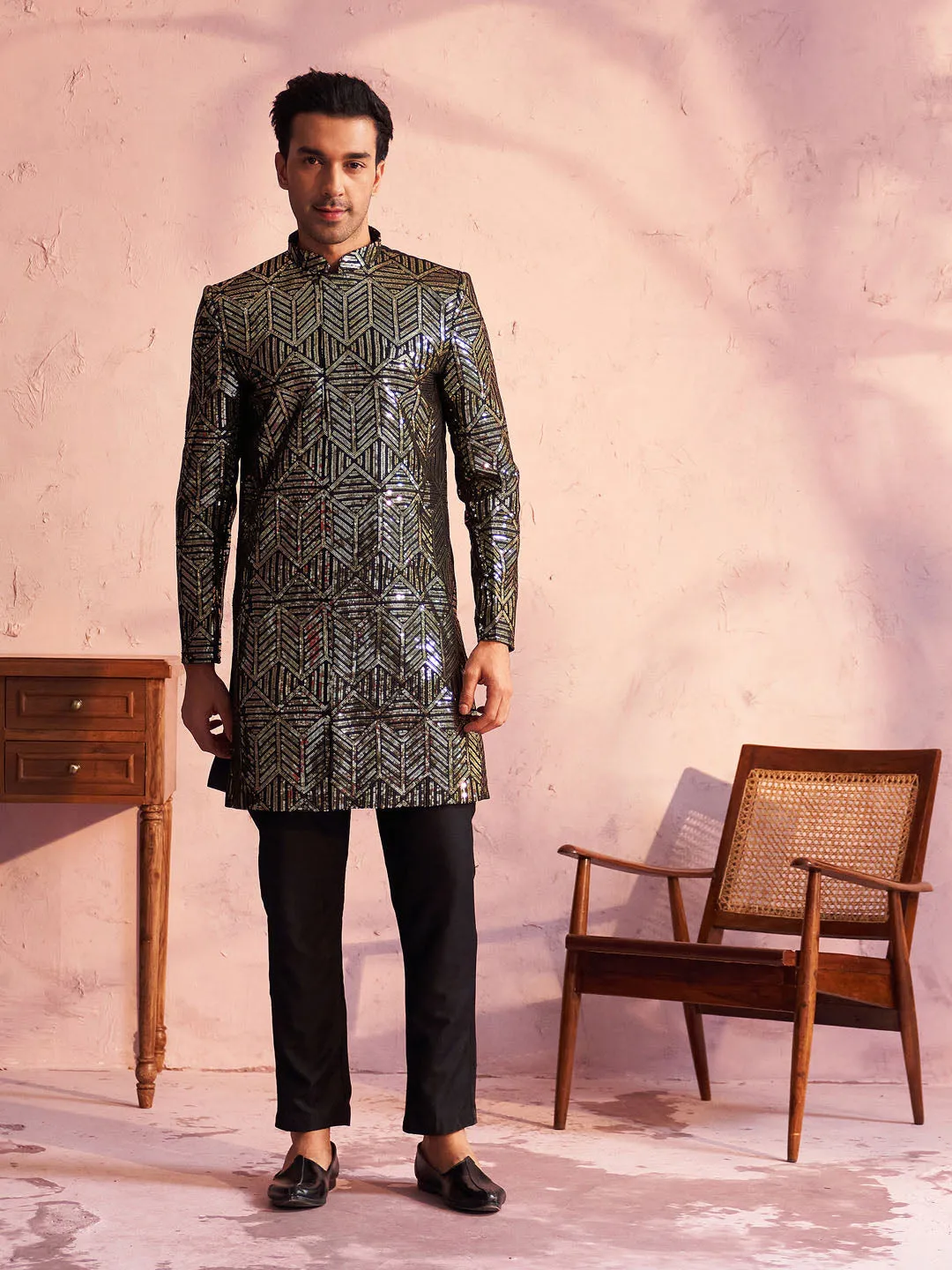 Vastramay Men's Black Georgette Sherwani Only Top