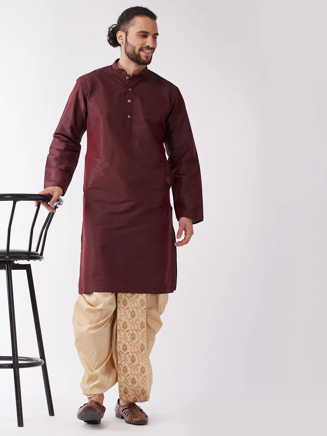 VASTRAMAY Men's Burgundy Silk Blend Kurta And Gold Dhoti Set