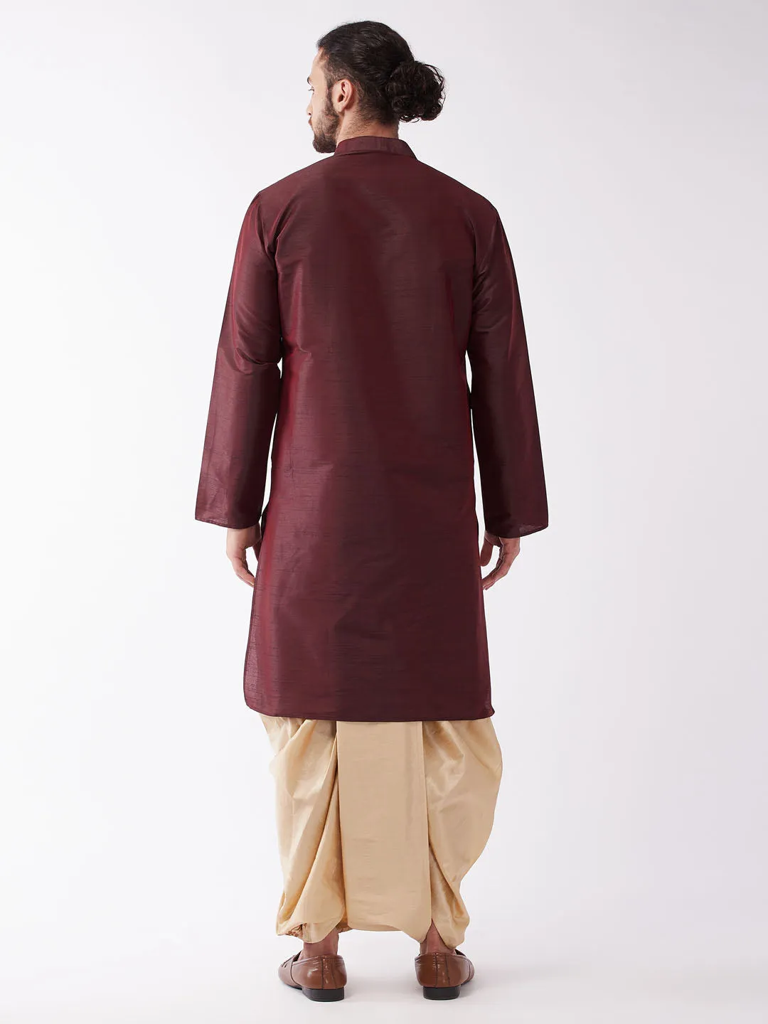 VASTRAMAY Men's Burgundy Silk Blend Kurta And Gold Dhoti Set