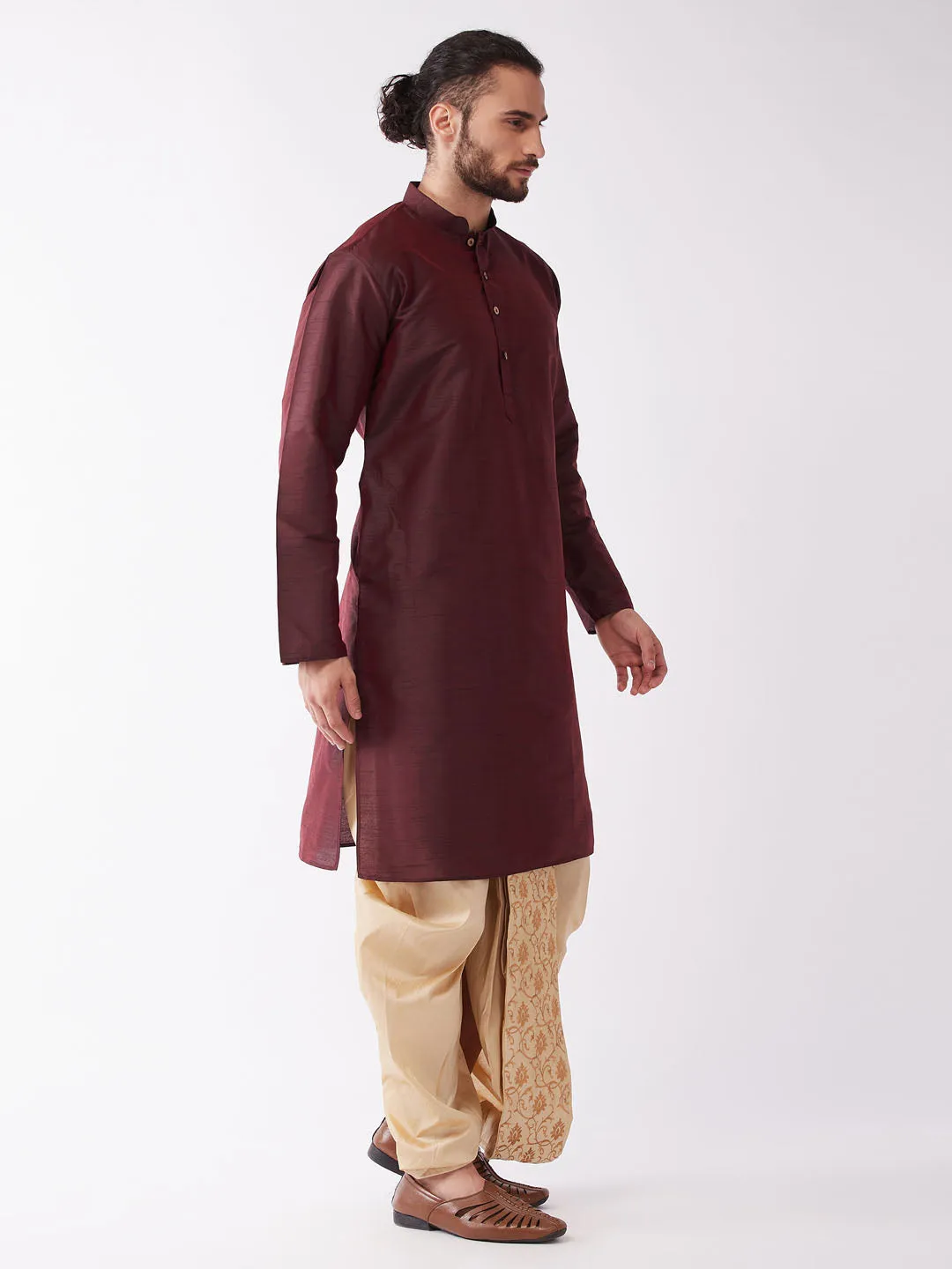 VASTRAMAY Men's Burgundy Silk Blend Kurta And Gold Dhoti Set