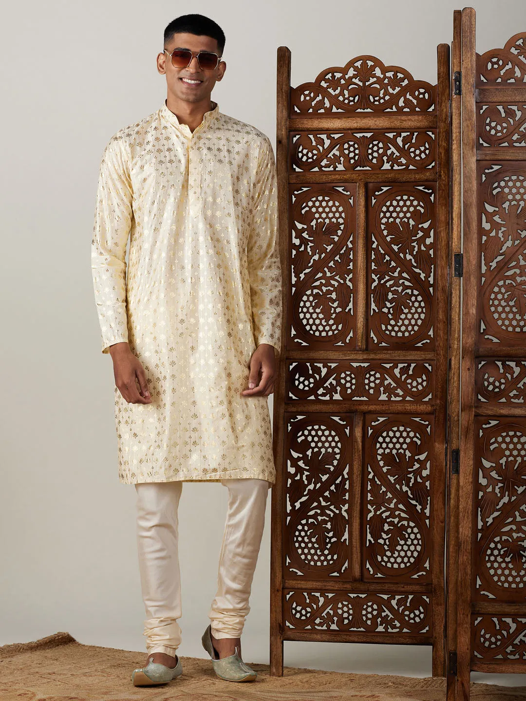 VASTRAMAY Men's Gold Foil Printed Kurta