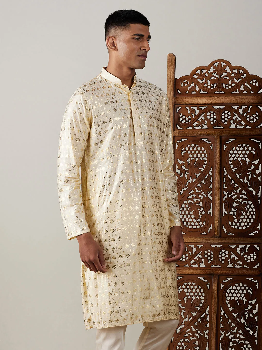 VASTRAMAY Men's Gold Foil Printed Kurta