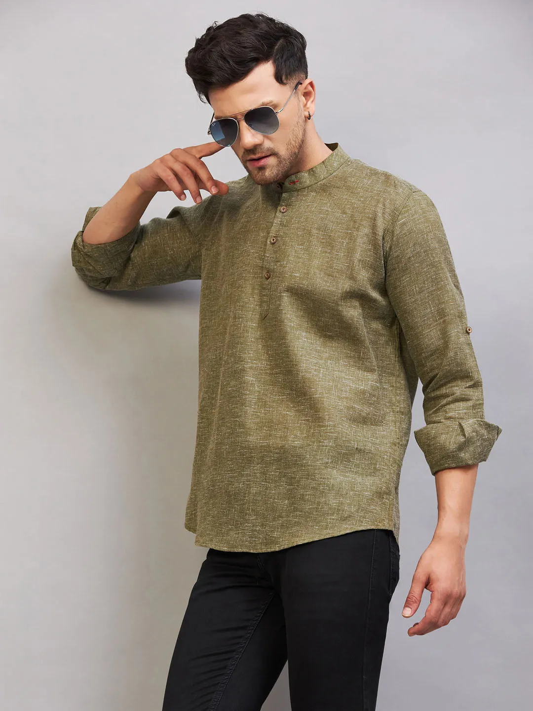 VASTRAMAY Men's Green Cotton Kurta