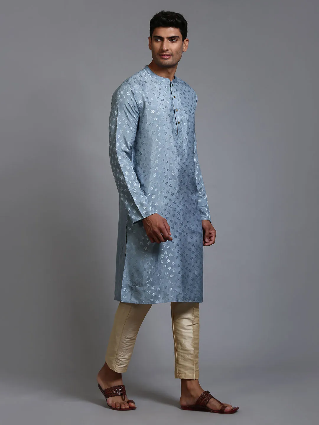 VASTRAMAY Men's Grey Silk Jacquard Kurta Set