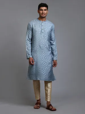 VASTRAMAY Men's Grey Silk Jacquard Kurta Set