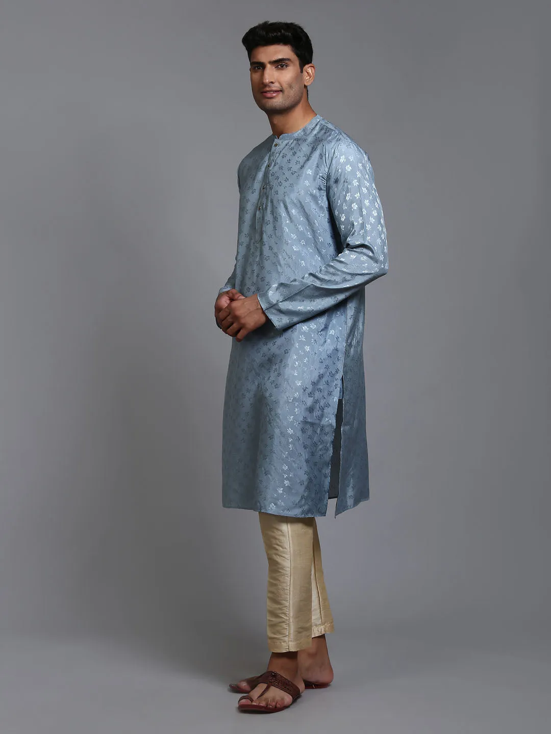 VASTRAMAY Men's Grey Silk Jacquard Kurta Set