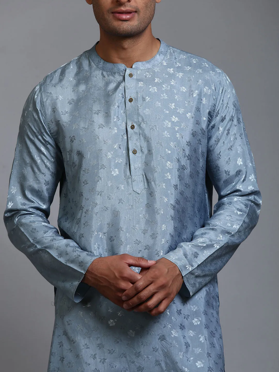 VASTRAMAY Men's Grey Silk Jacquard Kurta Set