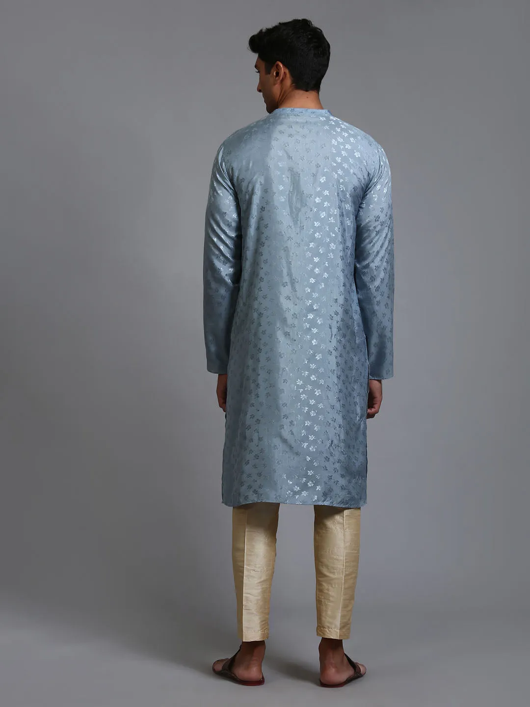 VASTRAMAY Men's Grey Silk Jacquard Kurta Set