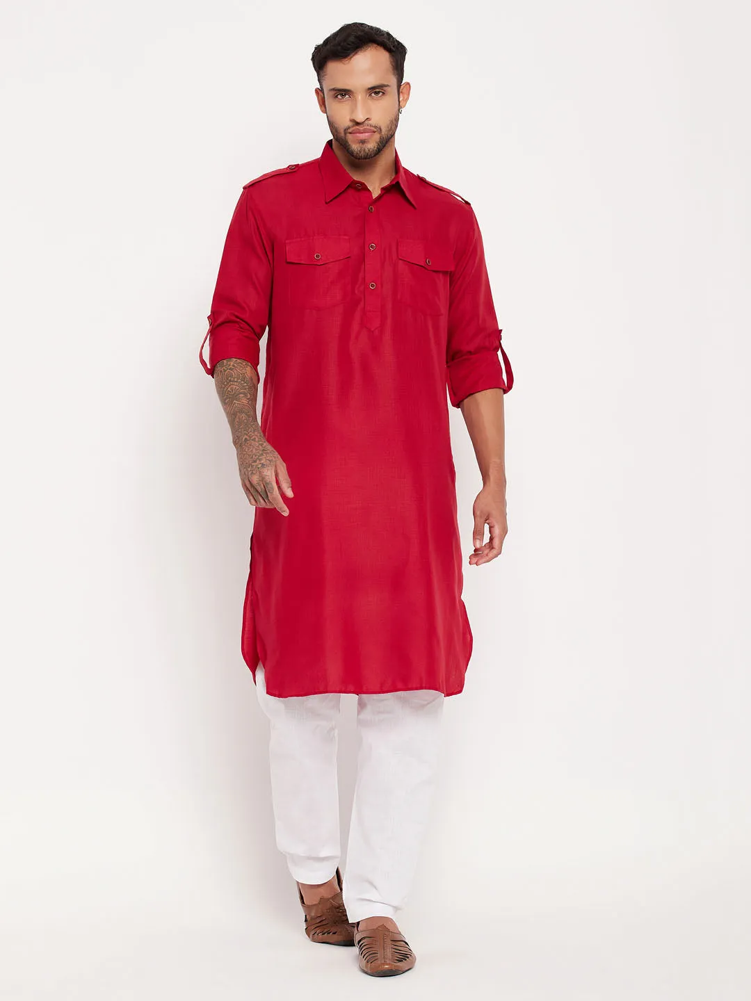 VASTRAMAY Men's Maroon & White Pathani Suit