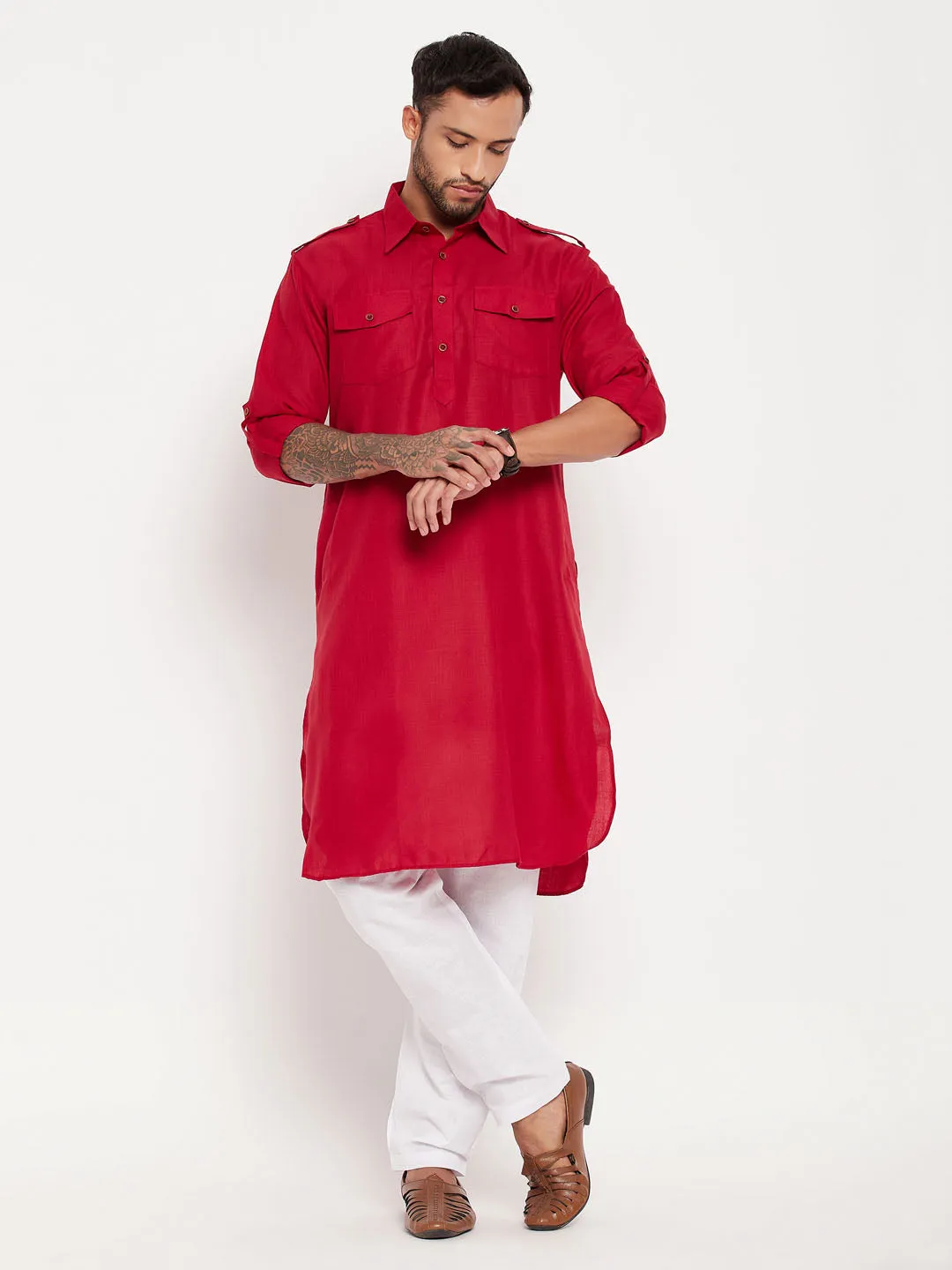 VASTRAMAY Men's Maroon & White Pathani Suit