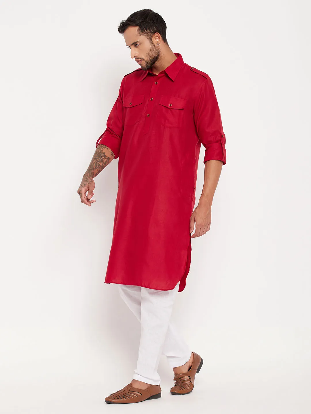 VASTRAMAY Men's Maroon & White Pathani Suit