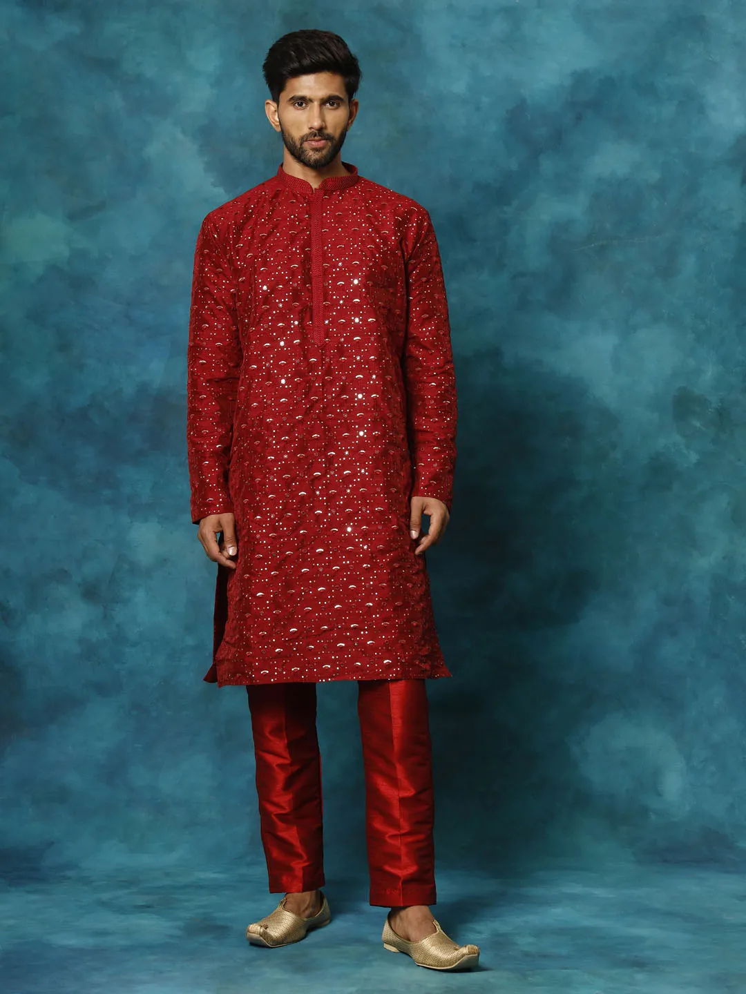 VASTRAMAY Men's Maroon Silk Blend Kurta Set