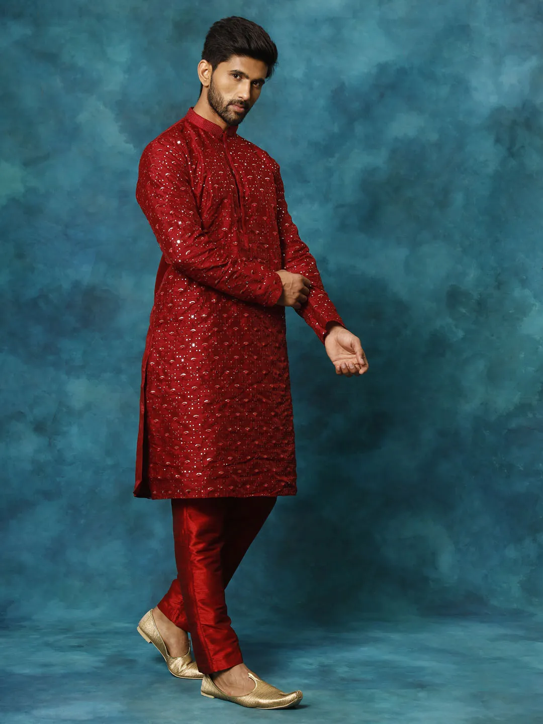 VASTRAMAY Men's Maroon Silk Blend Kurta Set