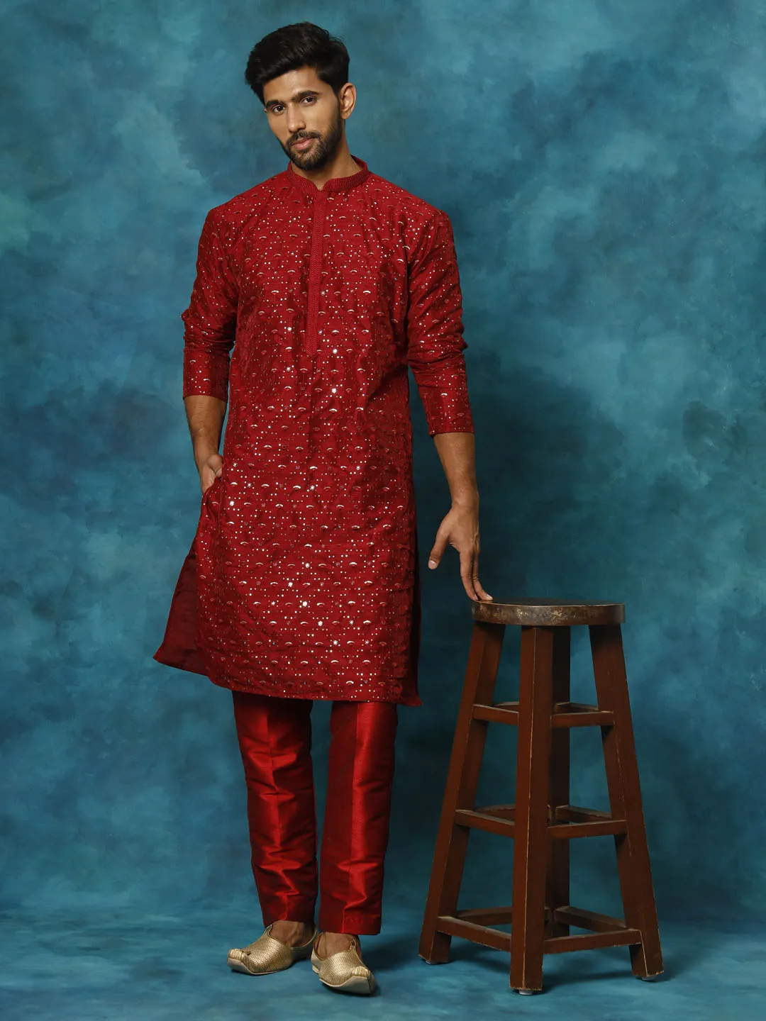 VASTRAMAY Men's Maroon Silk Blend Kurta Set