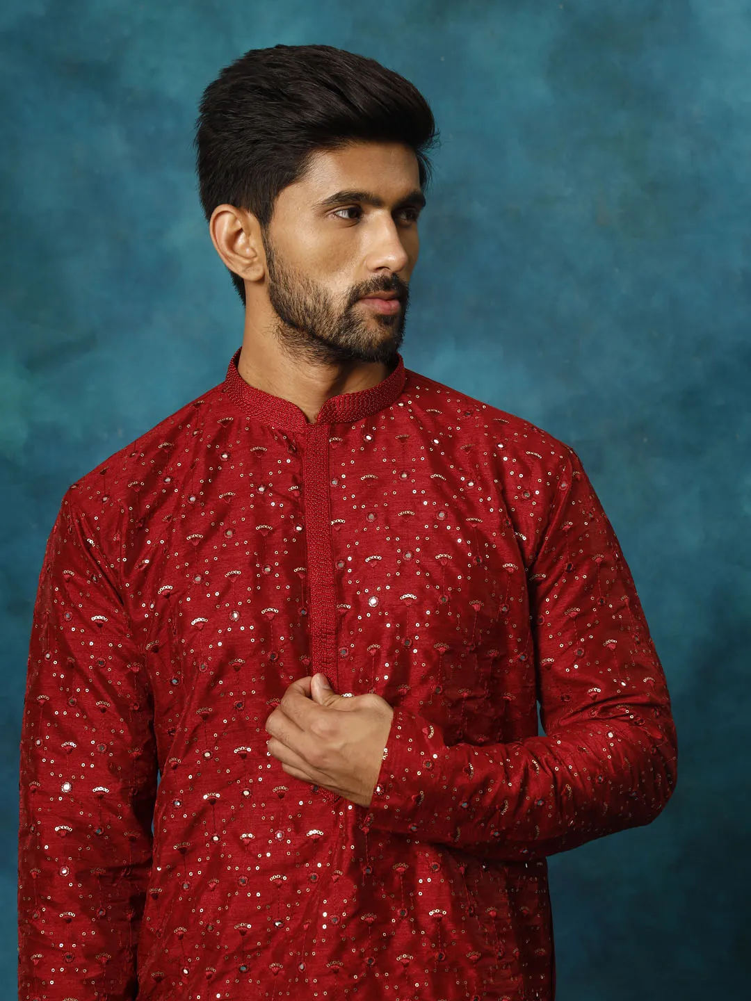 VASTRAMAY Men's Maroon Silk Blend Kurta Set