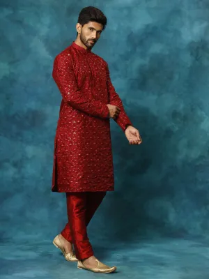 VASTRAMAY Men's Maroon Silk Blend Kurta Set