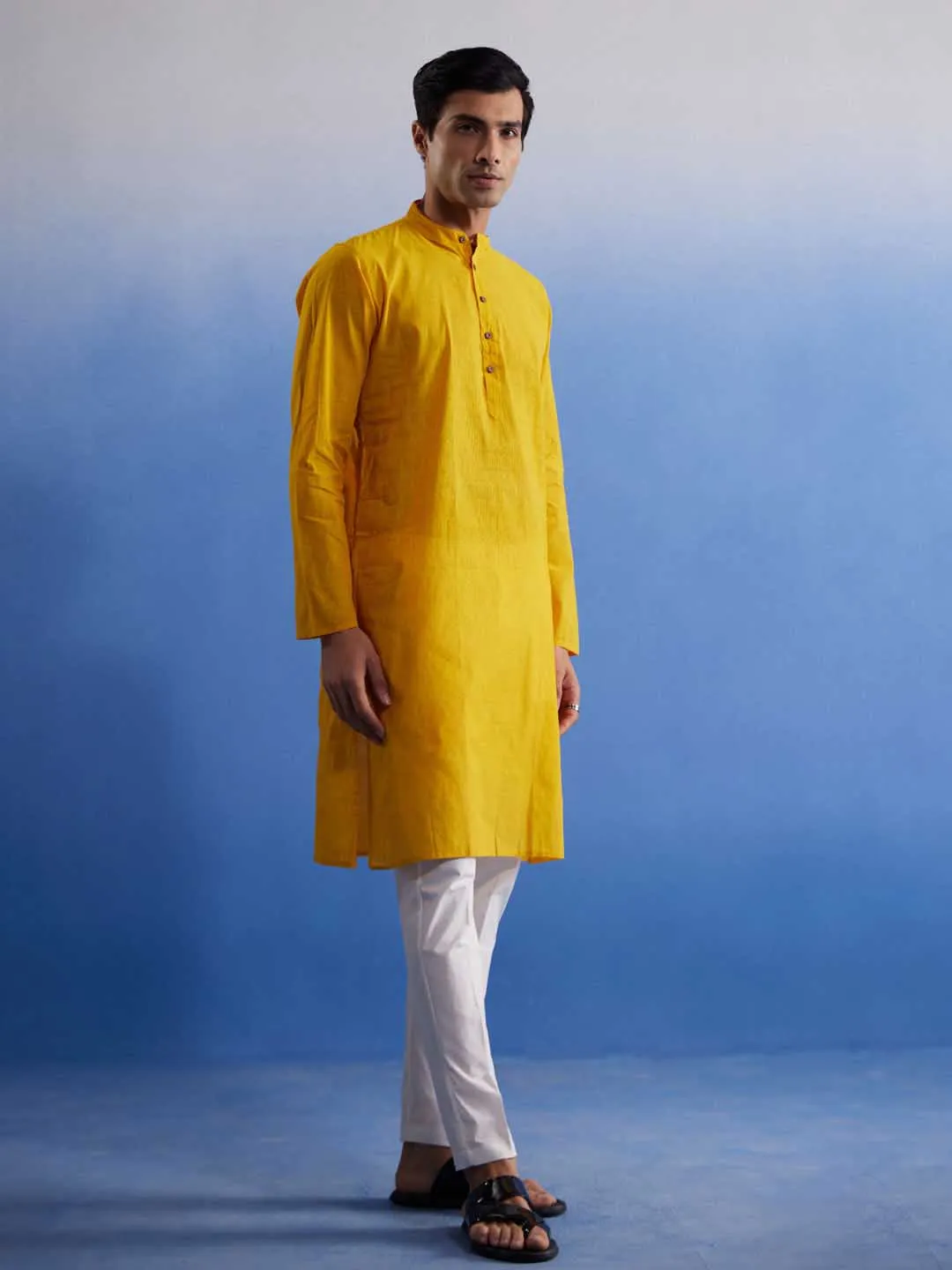 Vastramay Men's Mustard Cotton Kurta Pyjama