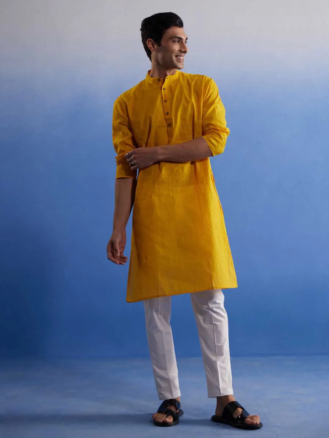 Vastramay Men's Mustard Cotton Kurta Pyjama