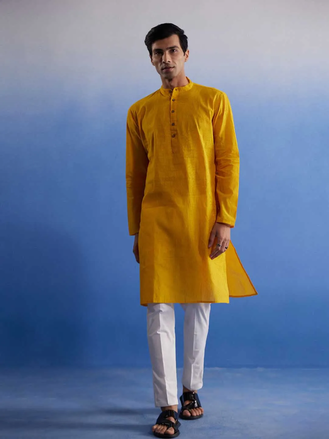 Vastramay Men's Mustard Cotton Kurta Pyjama