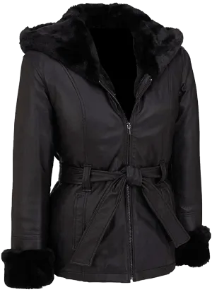 Women’s Furry Genuine Black Leather Faux Fur Coat With Hoodie | Womens Black Leather Jacket Faux Fur Sherling Coat