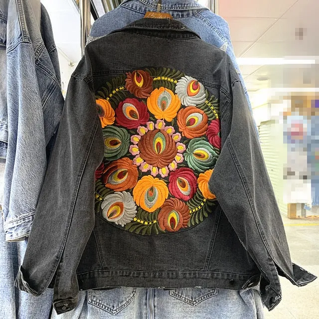 Women's2019 autumn new washed heavy embroidery loose denim