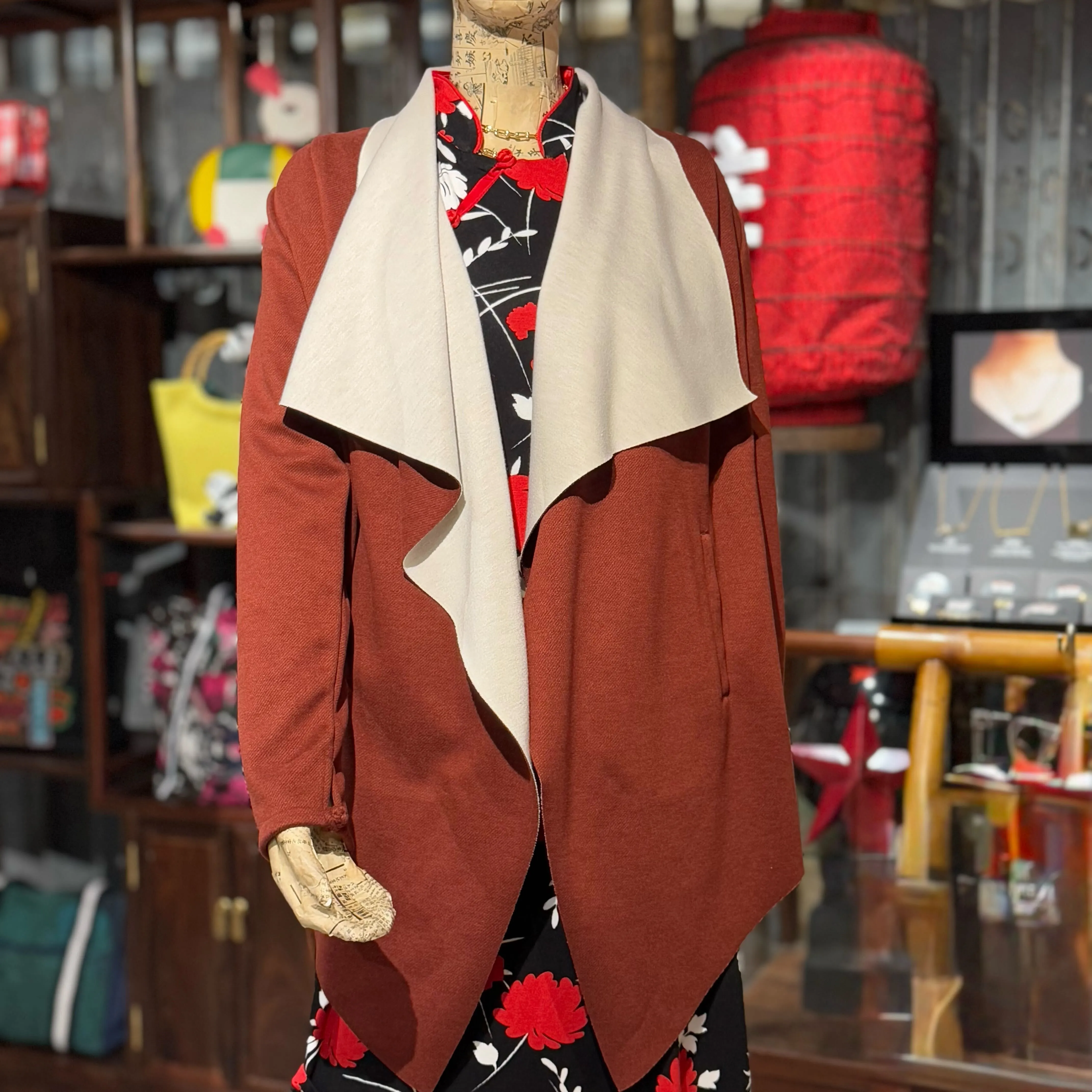 Wool Cotton Long Cardigan with two pockets, Red