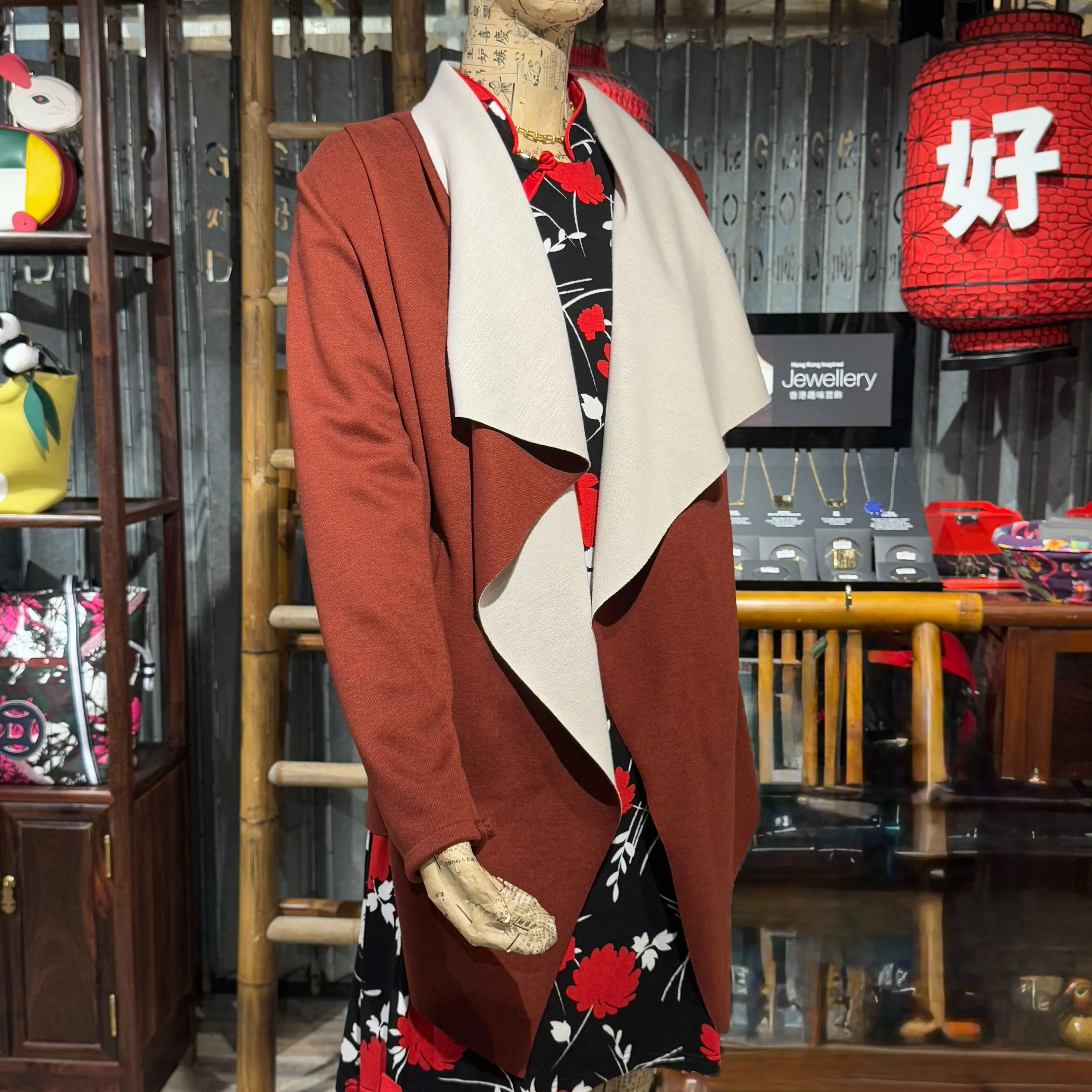 Wool Cotton Long Cardigan with two pockets, Red