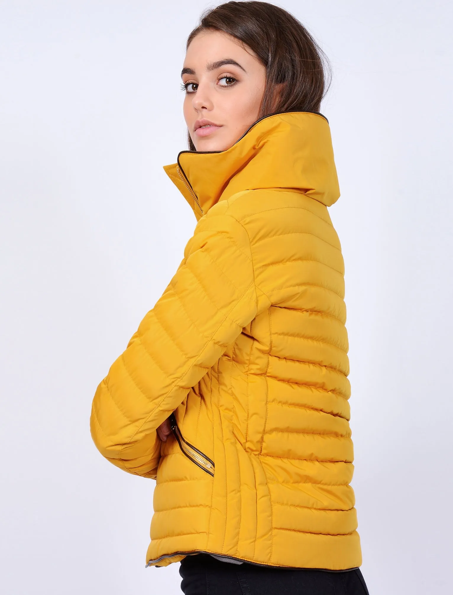 Zelda Funnel Neck Quilted Jacket in Old Gold - Tokyo Laundry