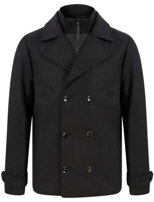 Zemu Double Breasted Wool Look Pea Coat with Quilted Mock Insert in Black - Tokyo Laundry