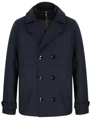 Zemu Double Breasted Wool Look Pea Coat with Quilted Mock Insert in Navy - Tokyo Laundry